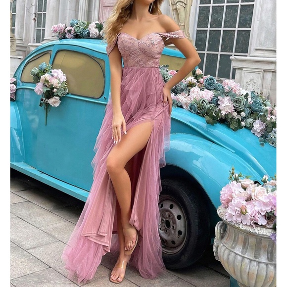 Luxe Pink Floral lace Off Shoulder Tulle Party Wedding Prom Dress - Picture 2 of 5